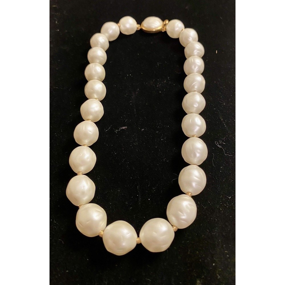 Vintage Crown Trifari Gold & Pearl Bead Necklace Choker W/Skeleton Key Symbol